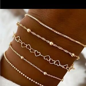 5 Pcs Set Of Tiny Golden Chain Design Bracelet Zinc Alloy Jewelry Stackable